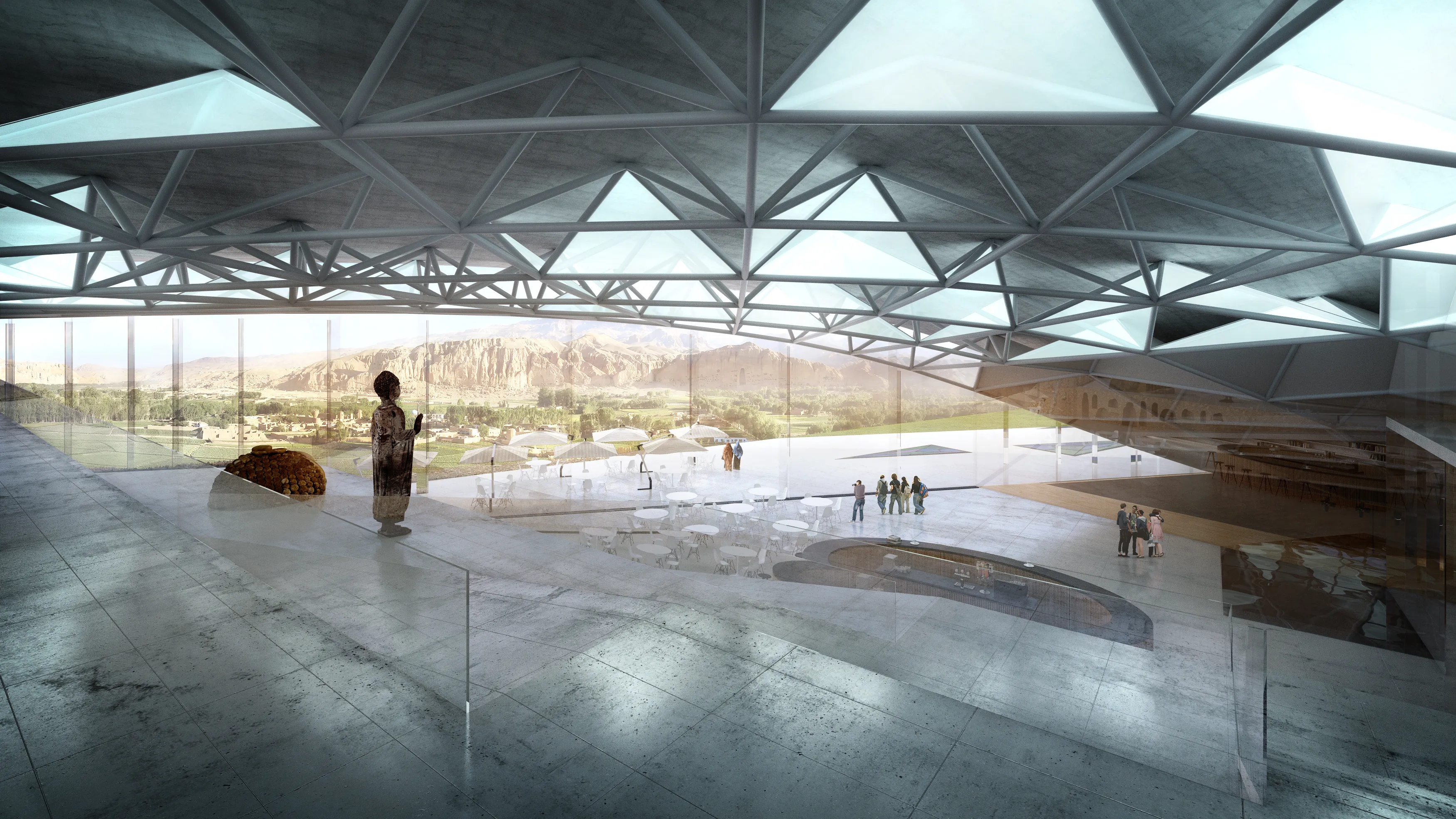 Prismatic cultural centre embedded in a rocky hillside.